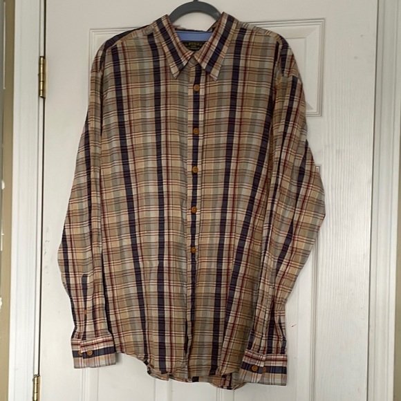 JL Powell Shirt Mens XL Tan Blue Plaid Button Up 100% Cotton Western Cowboy Barn - Picture 1 of 6